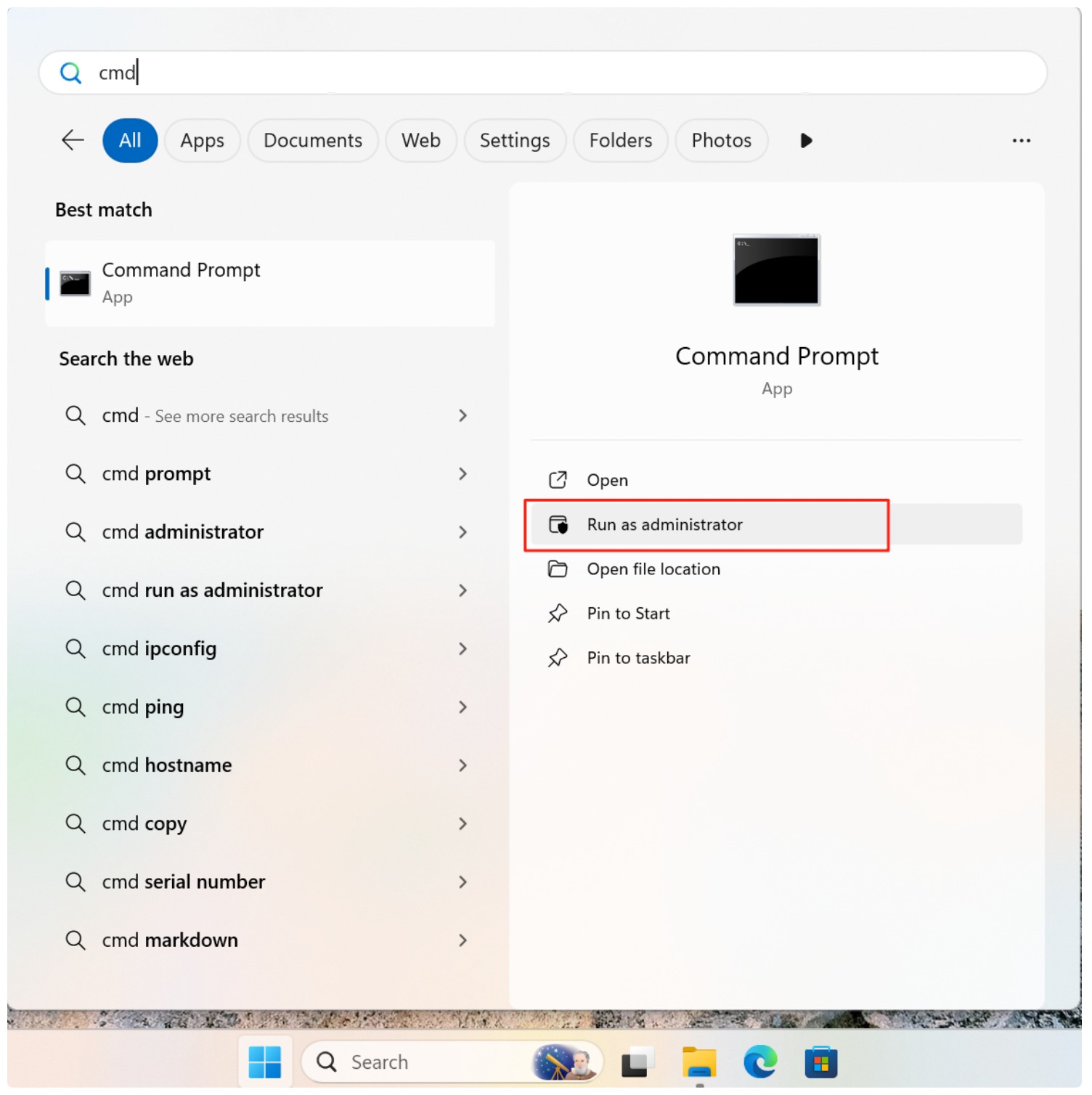 exécuter la commande CMD en tant qu'administrateur