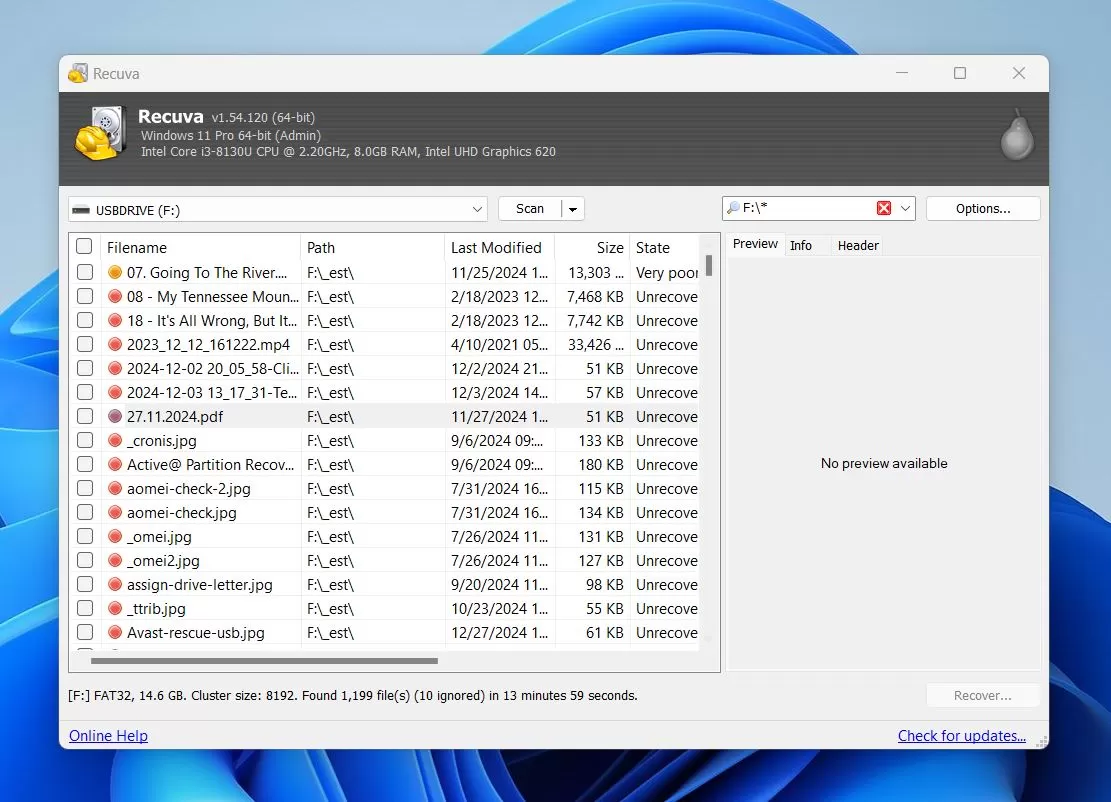 Recuva for USB drive data recovery