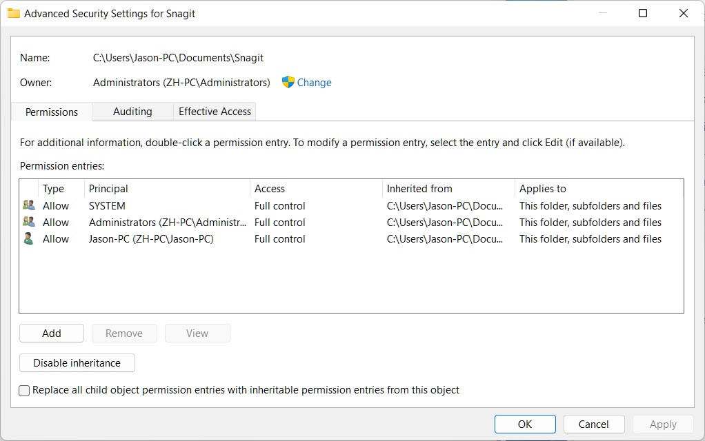 所有権のアクセス拒否エラーを修正