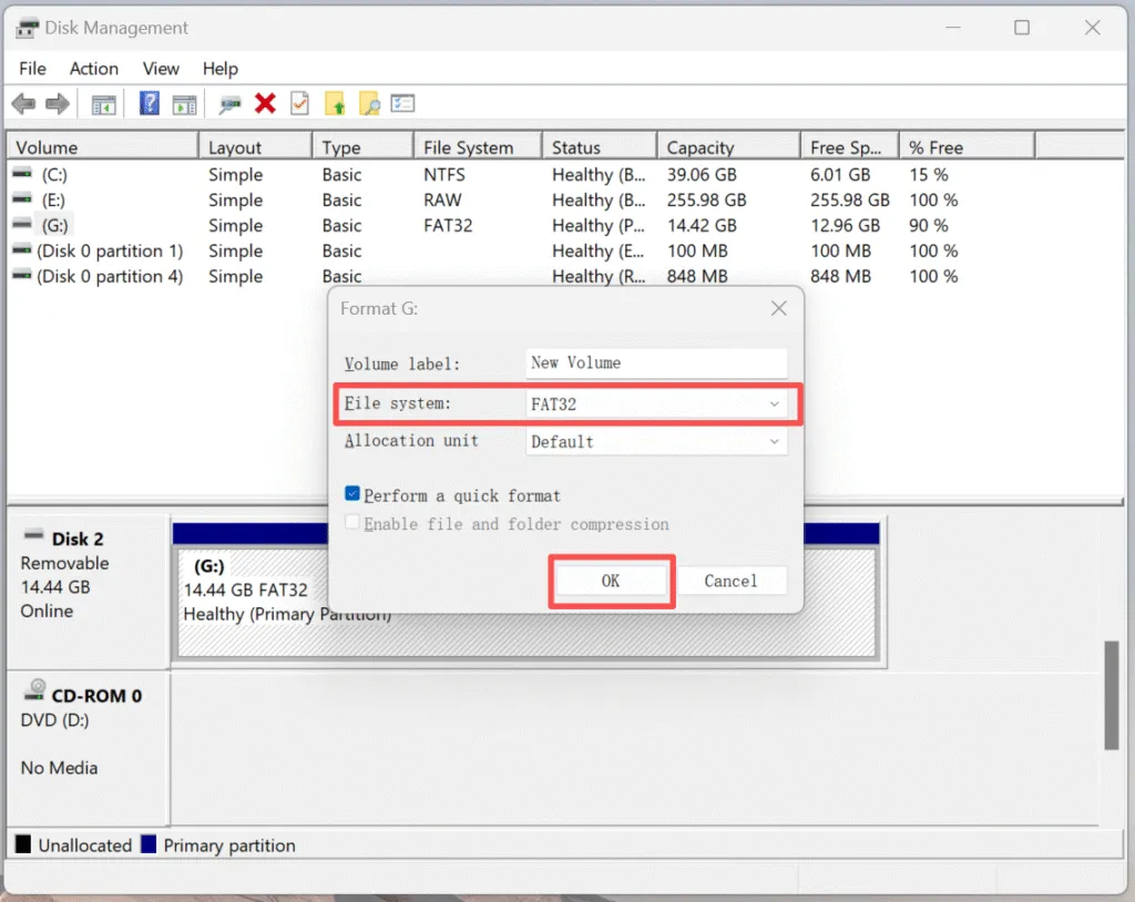 Selecting FAT32 in Disk Management as part of how to format a USB flash drive to FAT32.