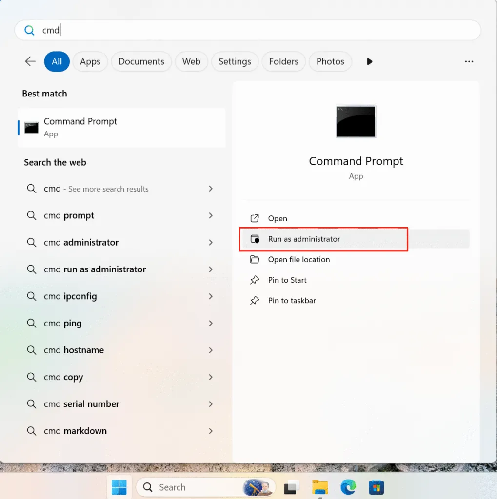 iniciar o CMD como administrador para executar o CHKDSK na unidade RAW