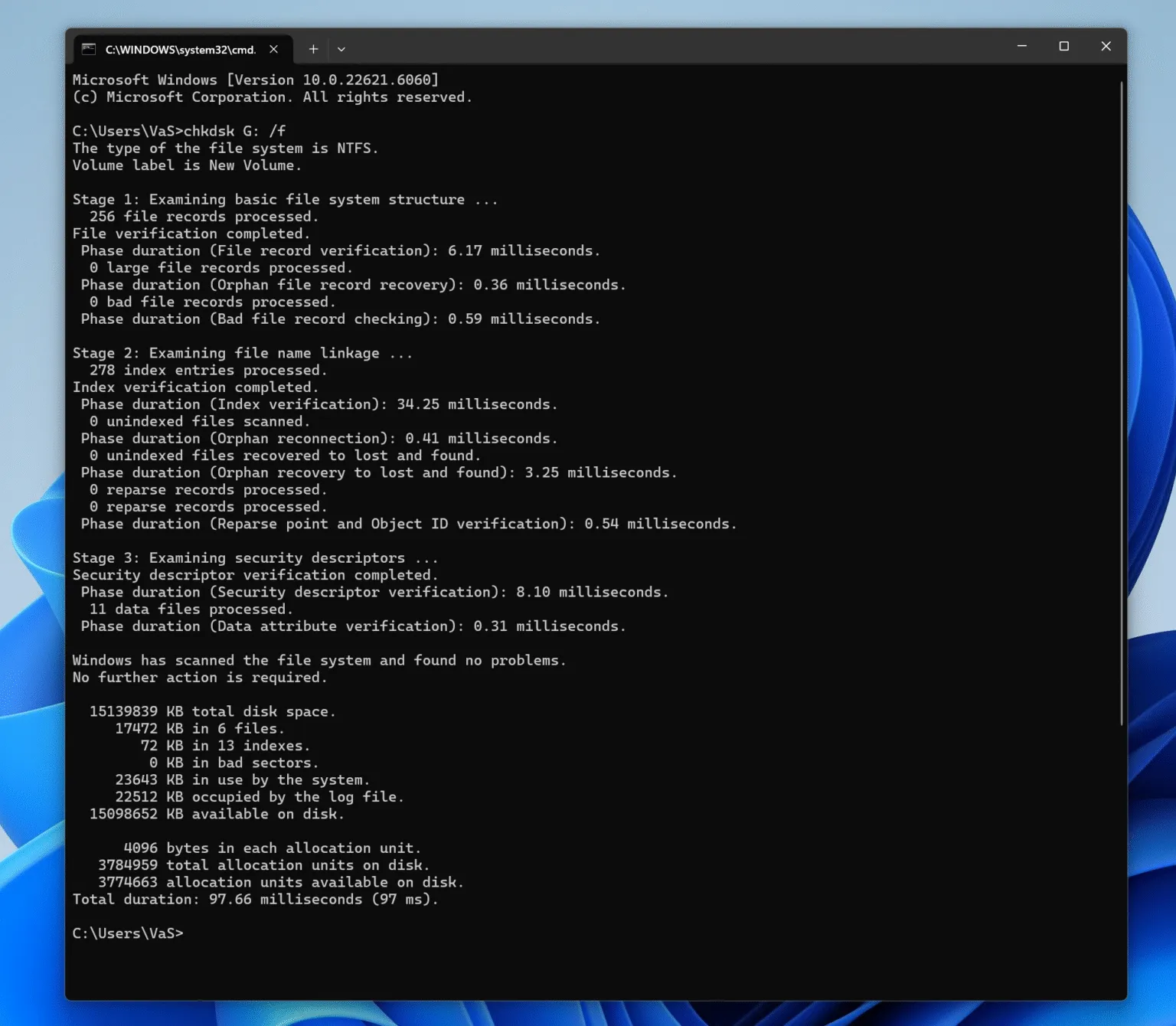 check disk for errors with chkdsk /f
