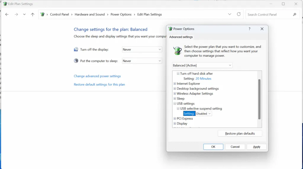 停用 USB 暫停設定