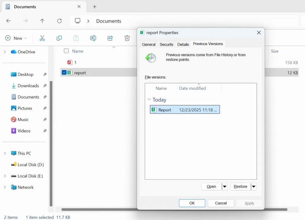 削除されたExcelシートを旧バージョンから復元