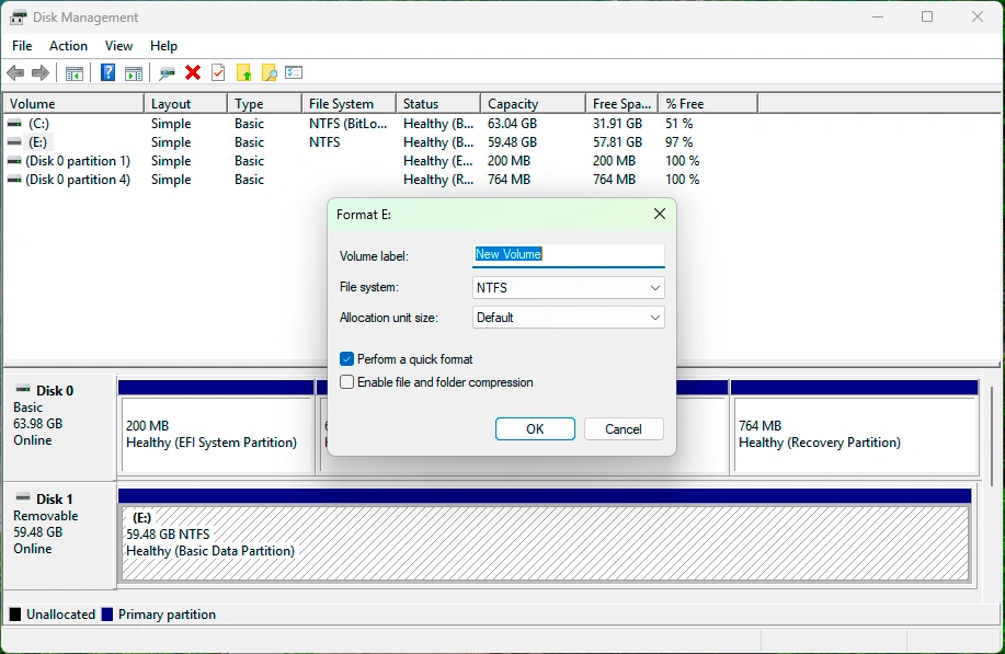 磁碟管理中的快速格式化