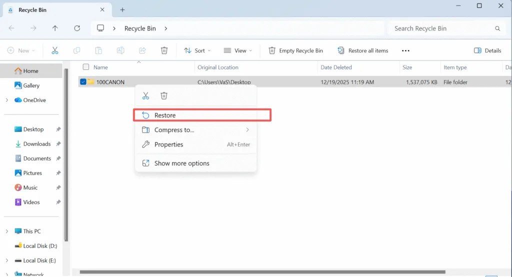 ごみ箱から削除されたファイルを復元