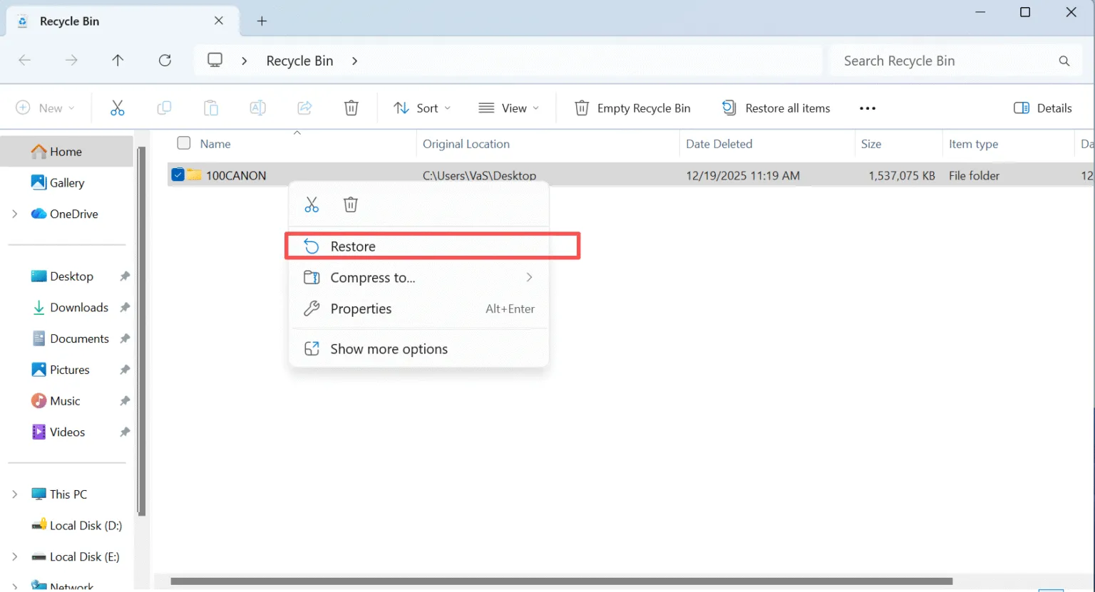ごみ箱からハードディスクドライブの削除されたファイルを復元する
