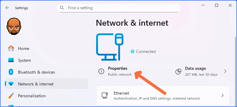click properties to locate ip address