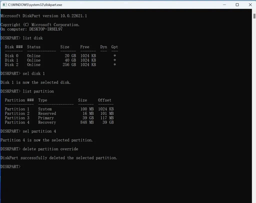 Wiederherstellungspartition mit diskpart löschen
