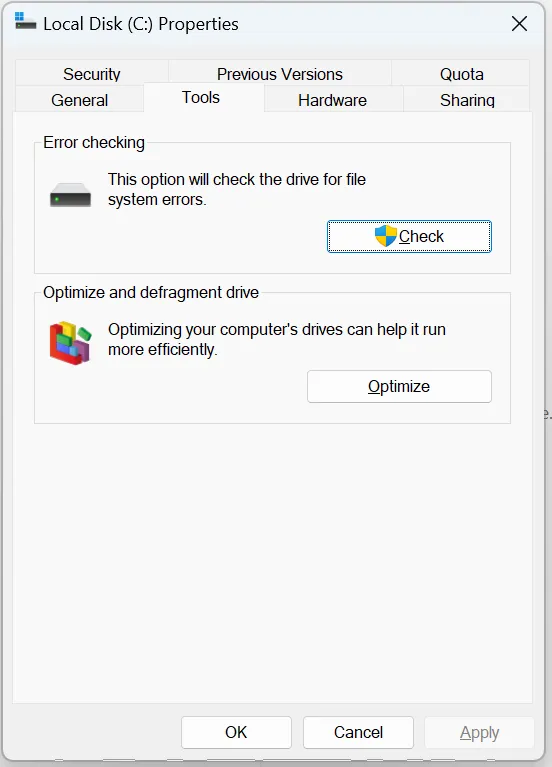 Scan Hard Disk for Errors with error checking