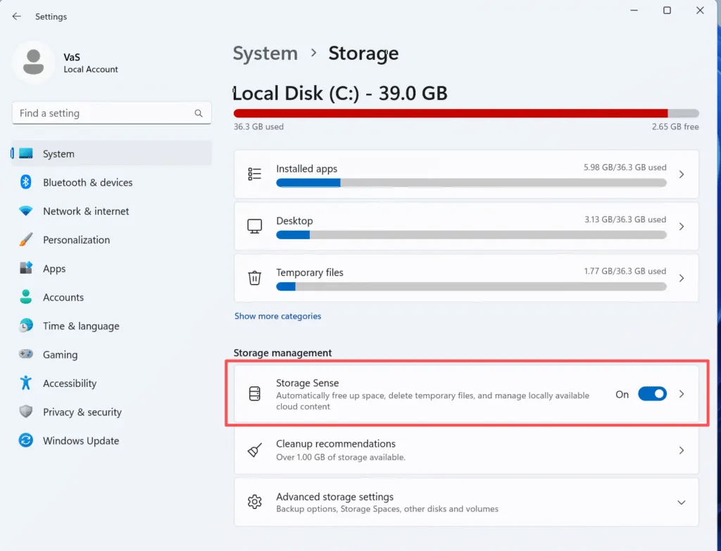 Recovery data Windows 11 with storage sence