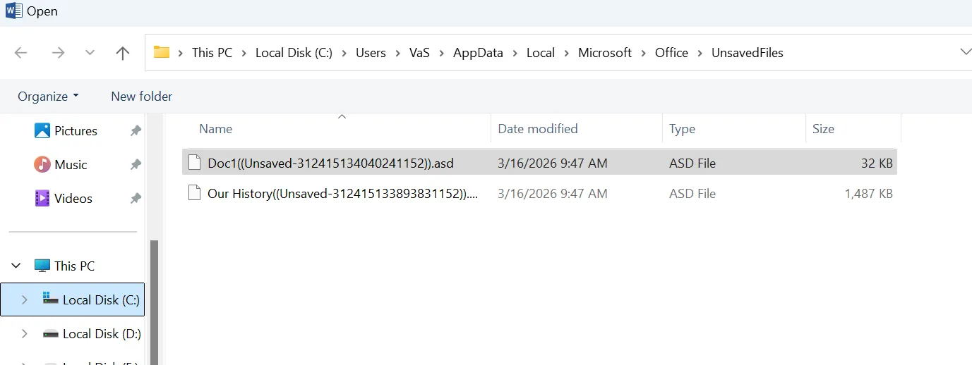 Using .asd files for Word Crashed Document Recovery