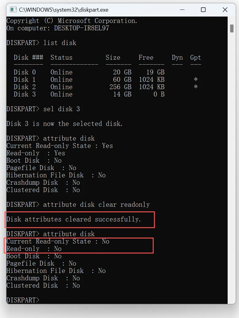 Using attribute-disk-clear-readonly to fix a Write Protected USB Flash Drive