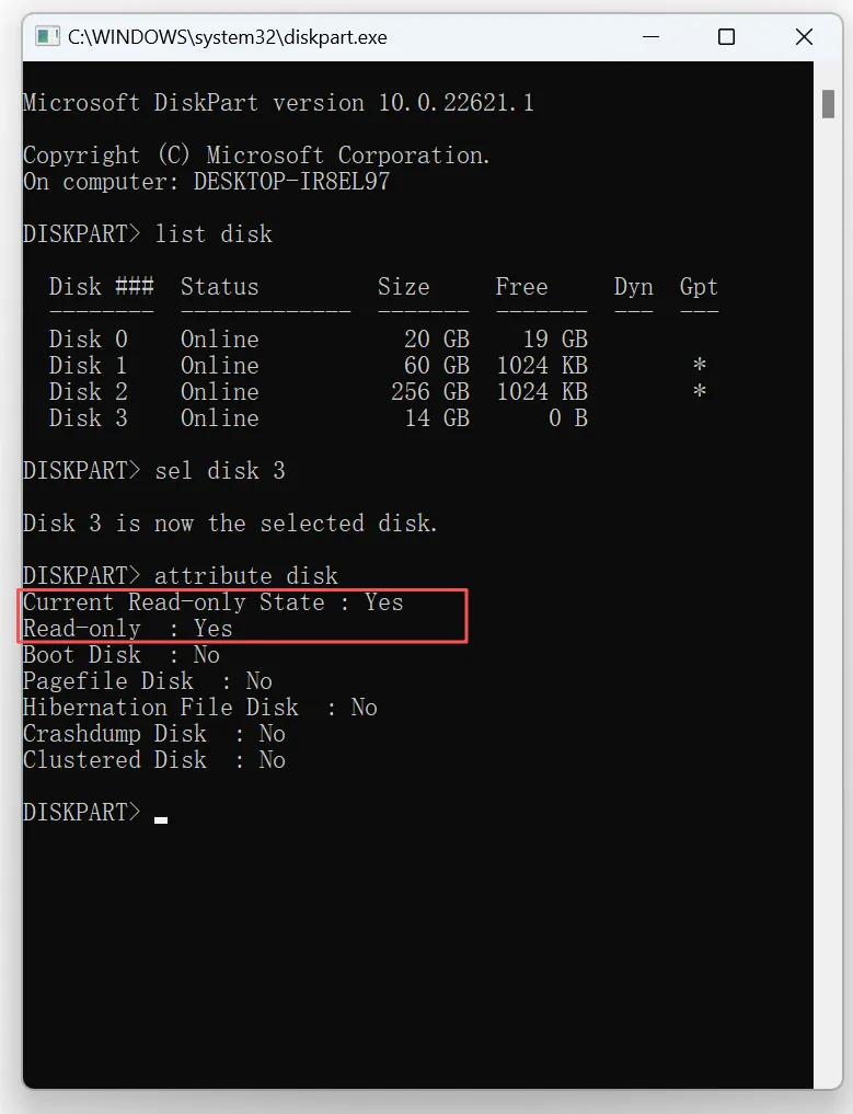 Using attribute disk to check the write-protected drive status