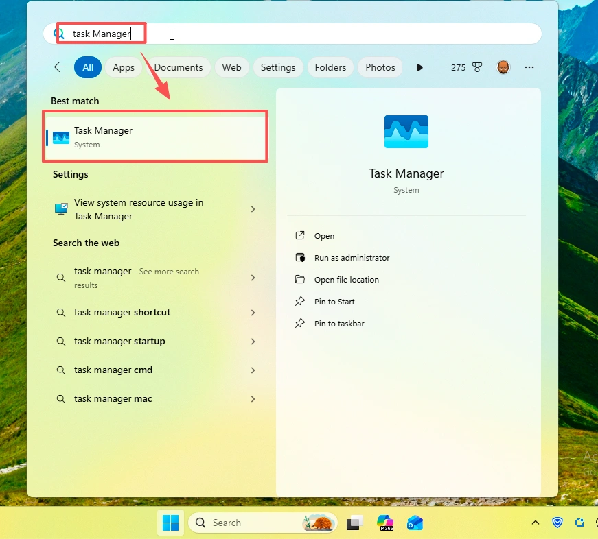 Windows Search to open task manager