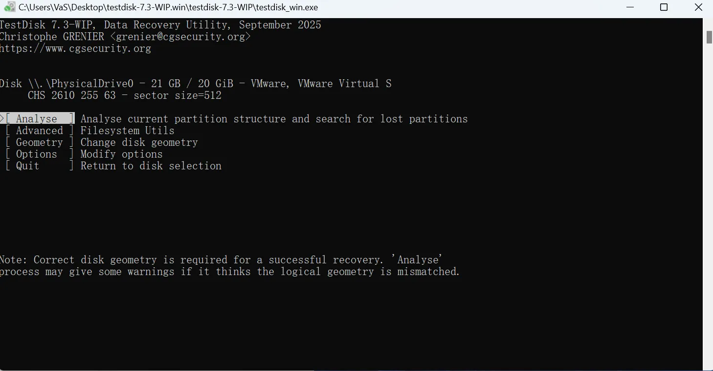 Using TestDisk to analyze partition
