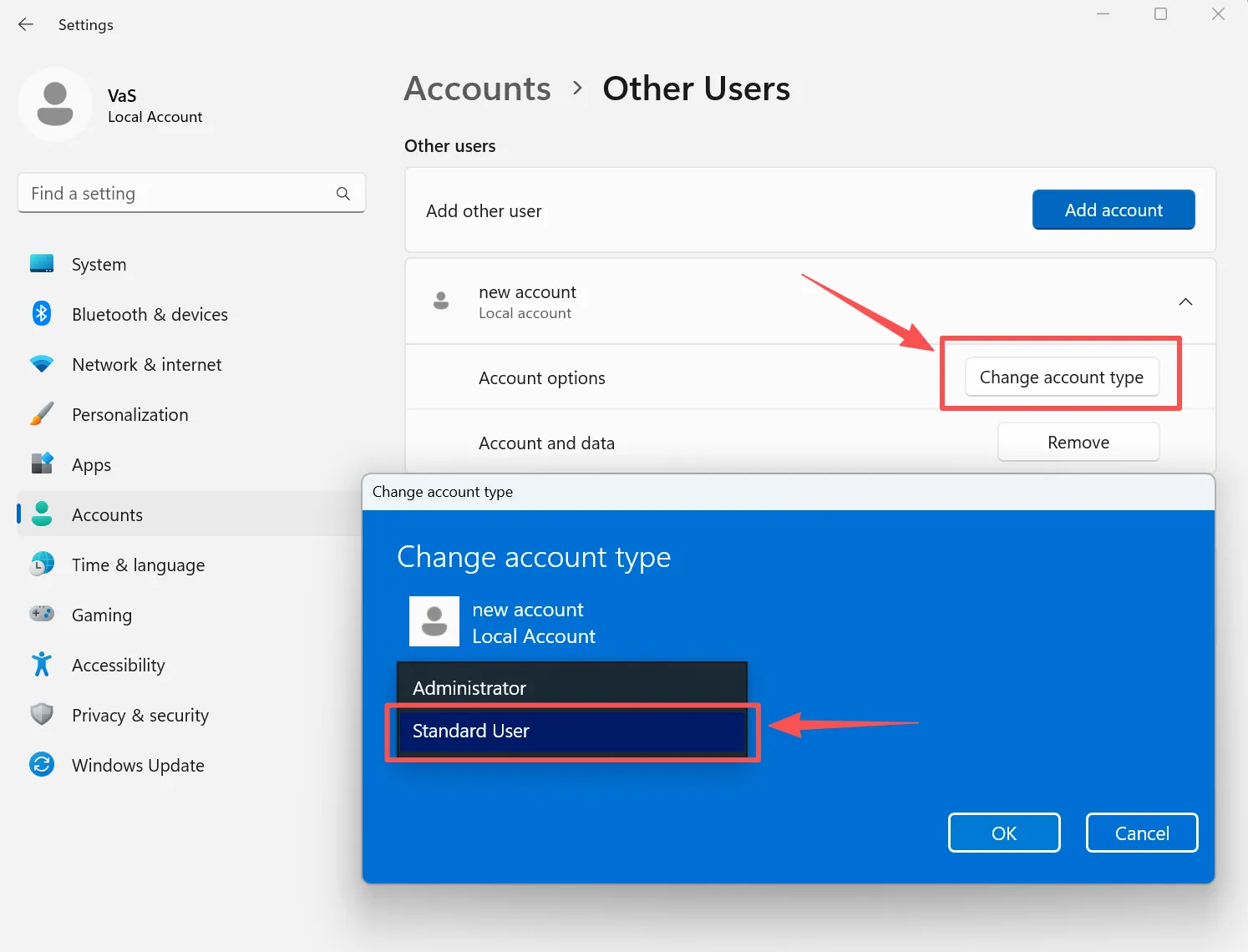 Impostare il nuovo account come utente standard