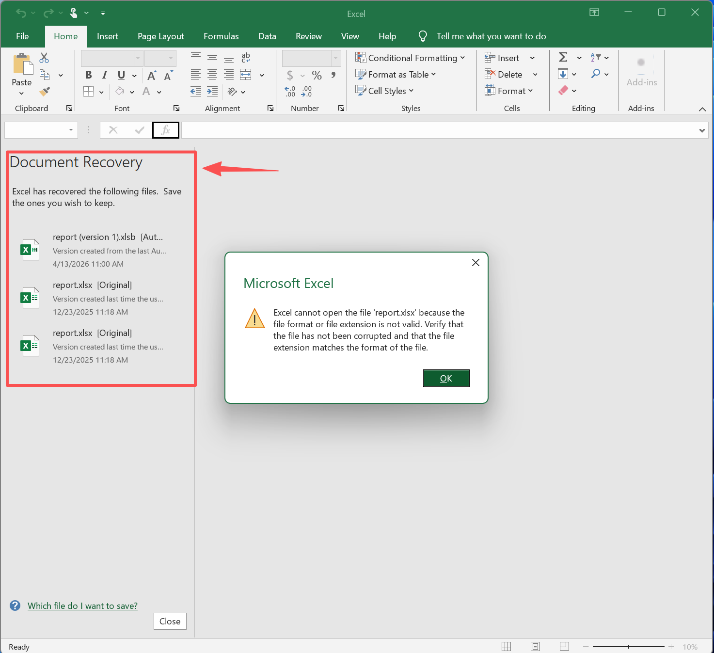 using Exce recovery files in Excel-Document-Recovery-Pane