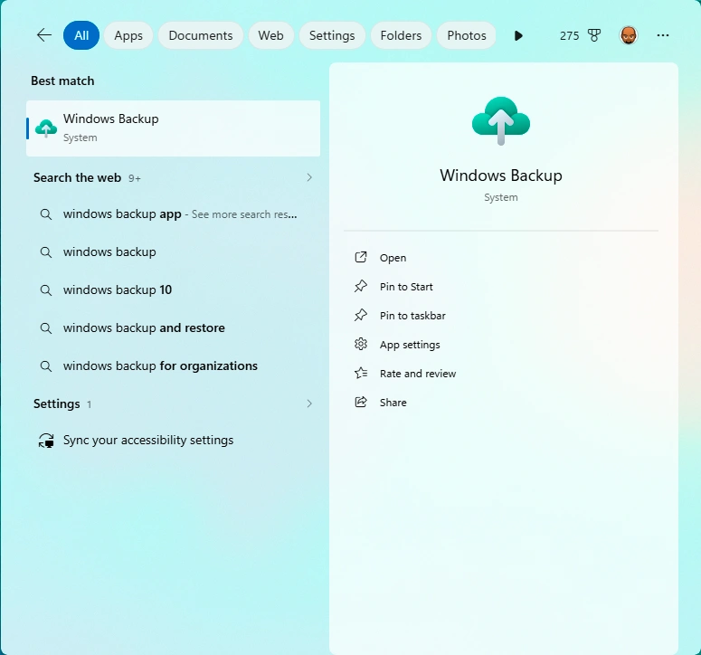 Windows backup and restore function