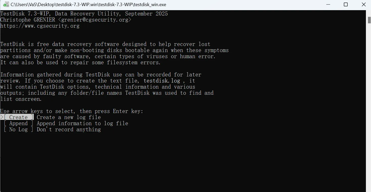 create-new-log-file in TestDisk