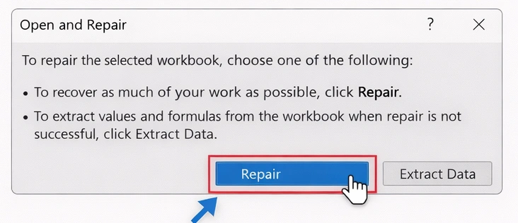 Use Excel Open and Repair to fix corrupted excel file