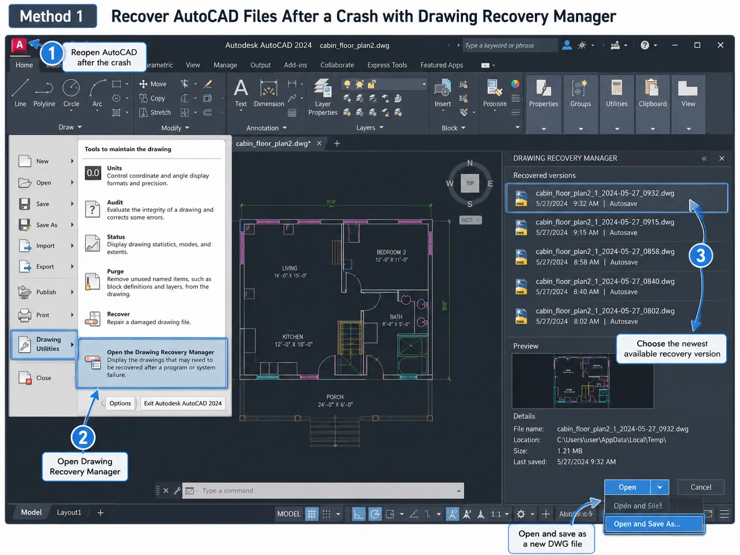 Drawing Recovery Manager를 사용하여 AutoCAD 파일 복구하기