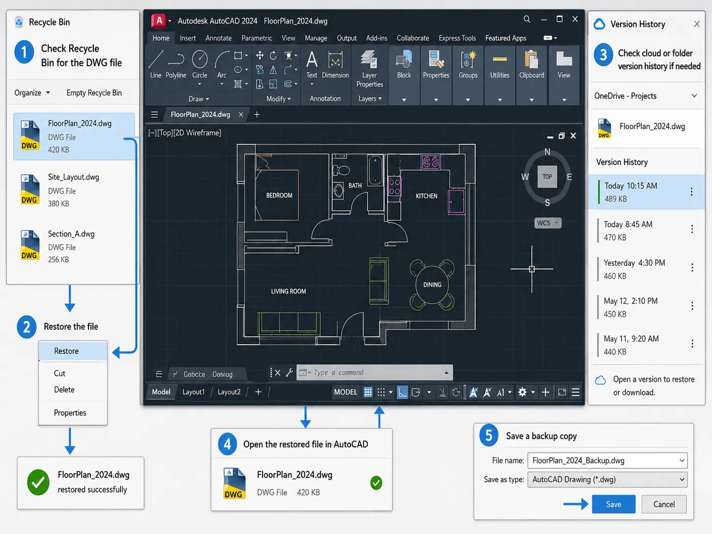 휴지통 또는 버전 기록에서 삭제된 AutoCAD 파일 복구하기