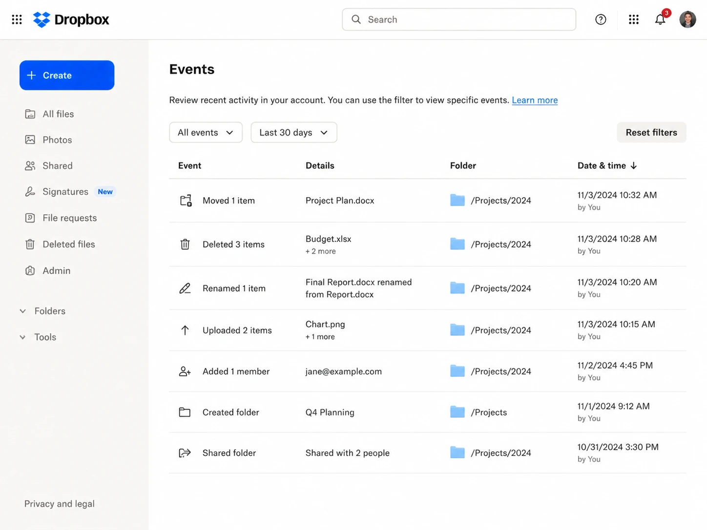 Dropbox 이벤트에서 사라진 파일 확인하기