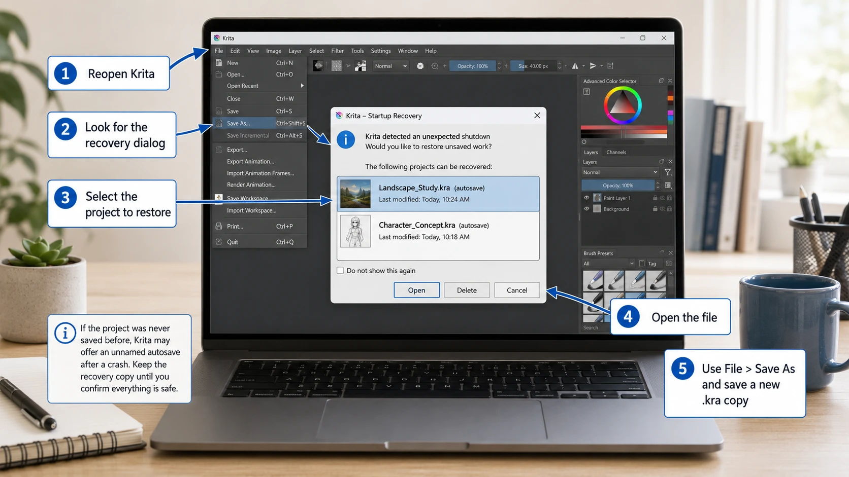 Recover unsaved Krita files