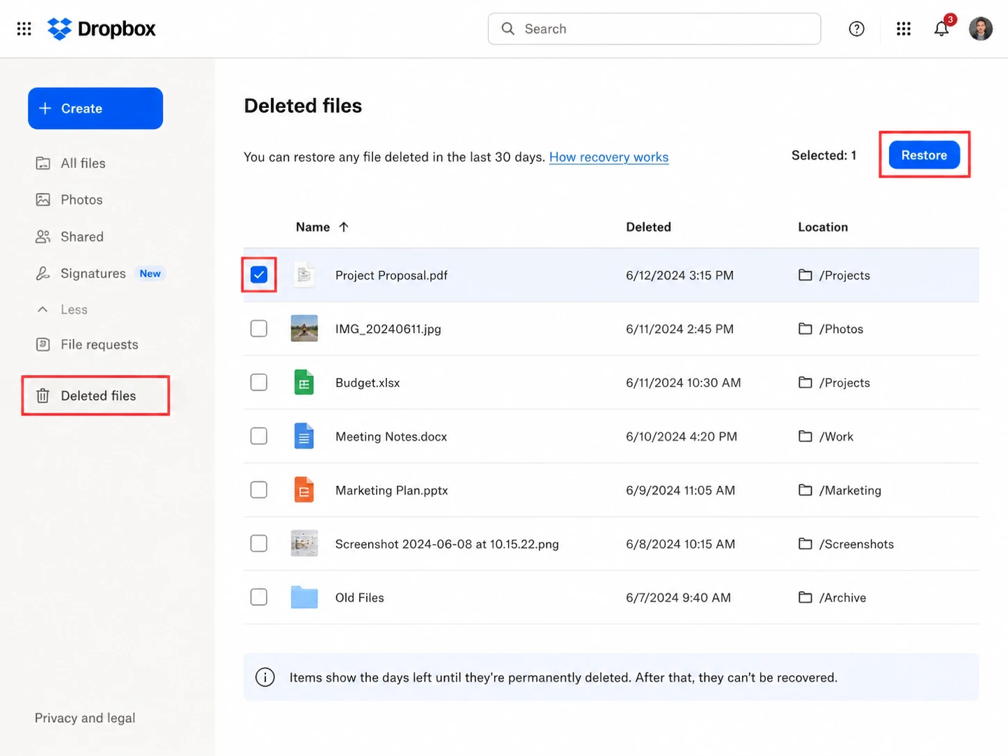 삭제된 Dropbox 파일 복구
