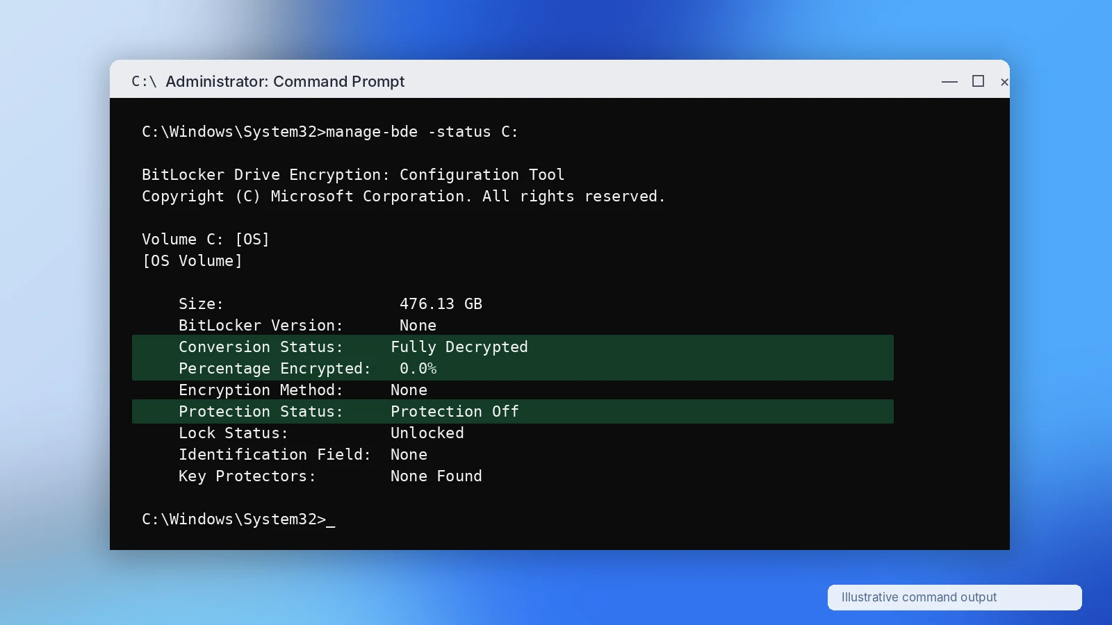 Command-Prompt-showing-BitLocker-fully-decrypted-with-0-percent-encryption