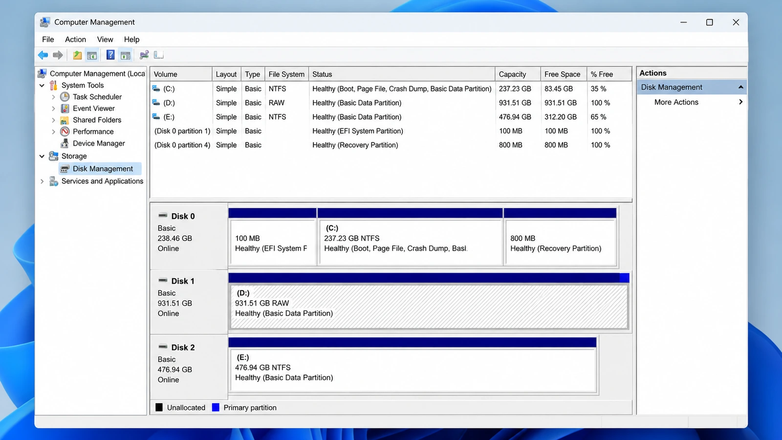 Windows-11-Disk-Management-showing-a-RAW-partition-during-ASUS-data-recovery-diagnosis