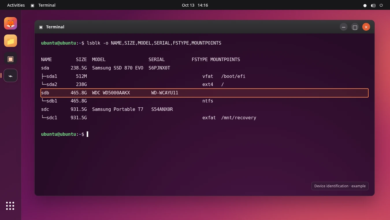 GNU ddrescue source drive identification using lsblk in Ubuntu Terminal