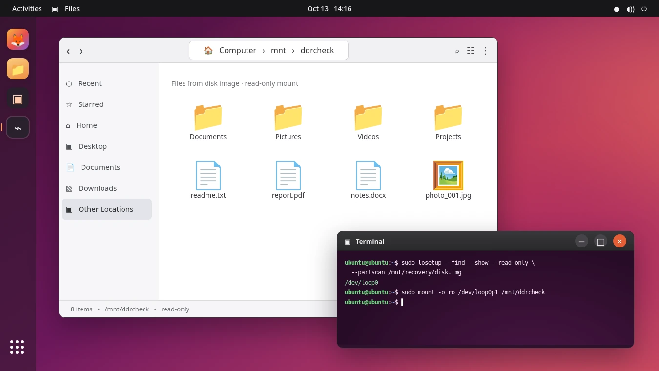 Inspecting a GNU ddrescue disk image mounted read-only in Ubuntu file manager