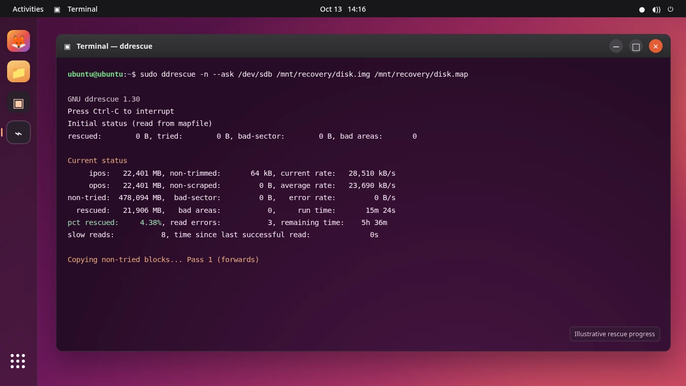 GNU ddrescue recovery progress showing rescued data, read errors, and remaining time