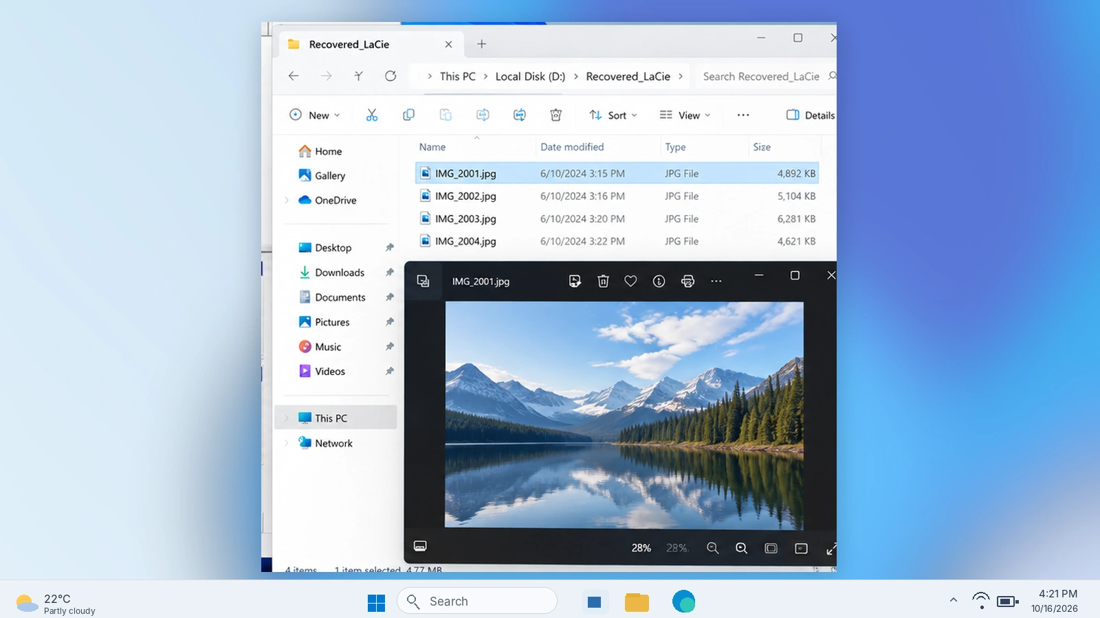 Windows 11 illustration showing how to verify a recovered LaCie JPG file by opening it in Photos