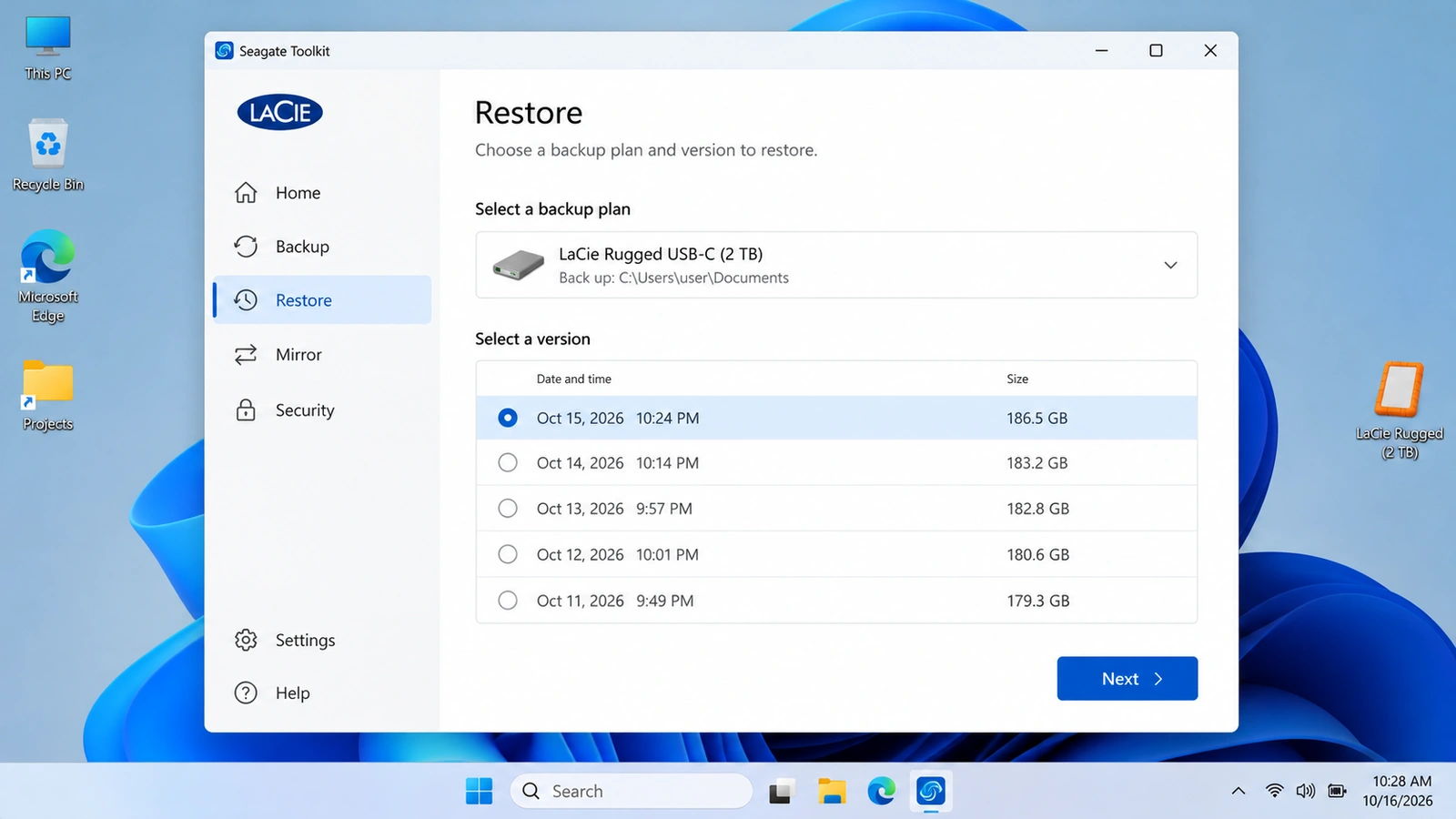 Seagate Toolkit restore interface illustrating file selection and backup versions for a LaCie drive