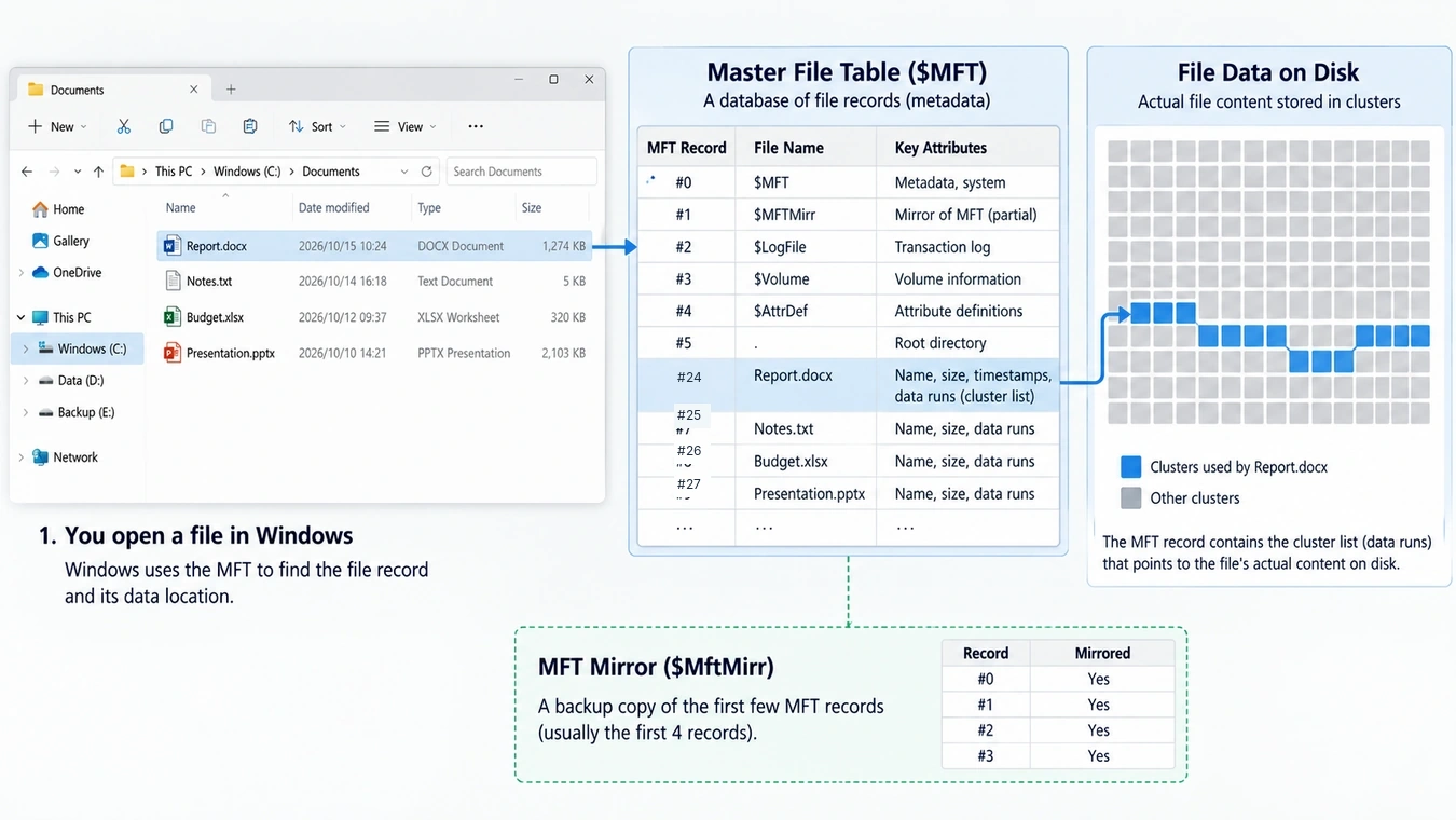 NTFS Master File Table structure showing file records, data clusters, and MFT Mirror