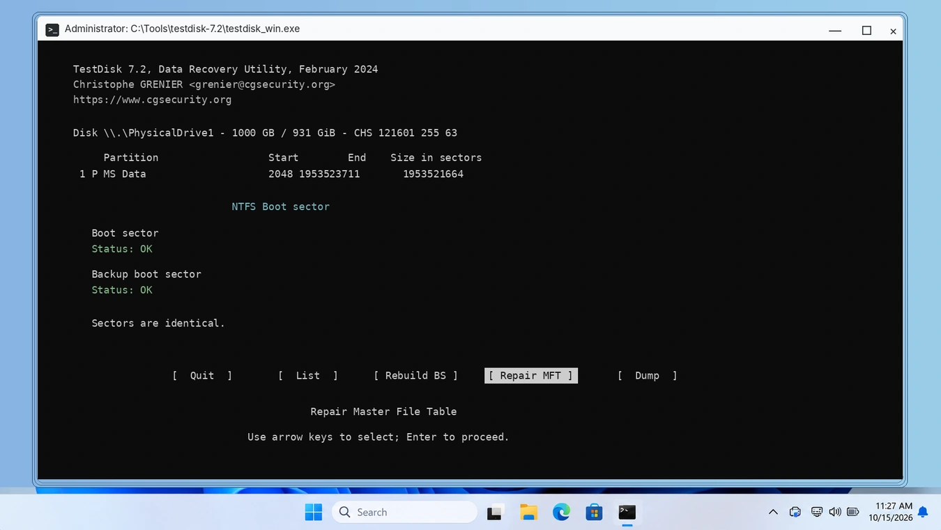 TestDisk Repair MFT option for repairing damaged NTFS Master File Table records