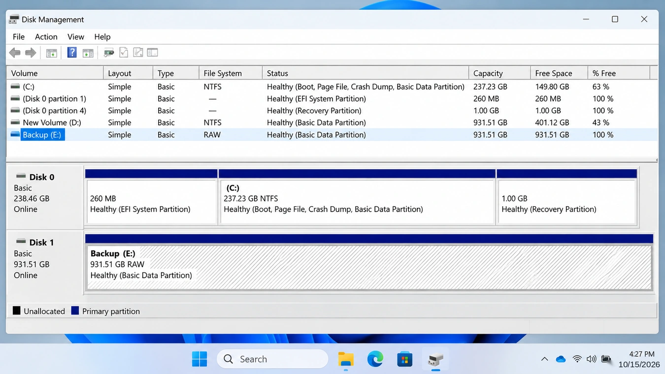 Windows 11 Disk Management showing a RAW partition that may indicate NTFS file system corruption