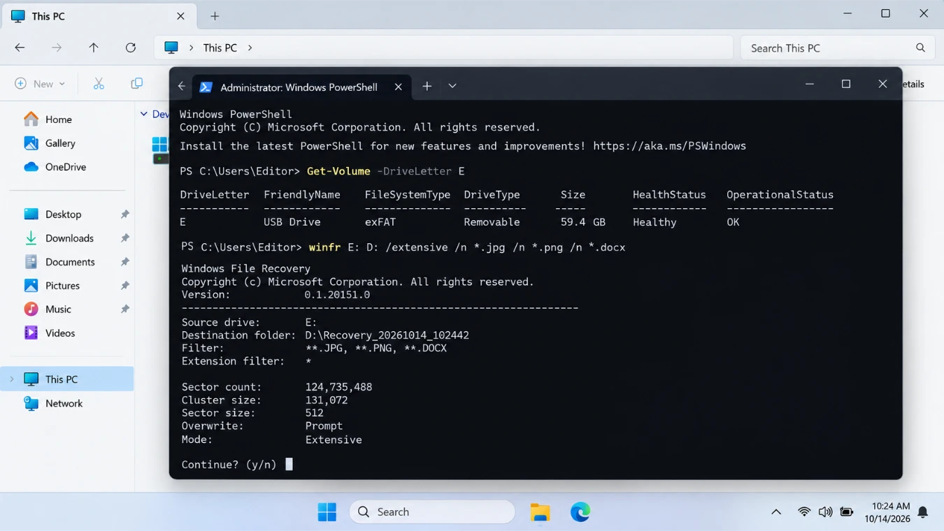 Windows File Recovery command using Extensive mode to recover deleted files from an exFAT flash drive
